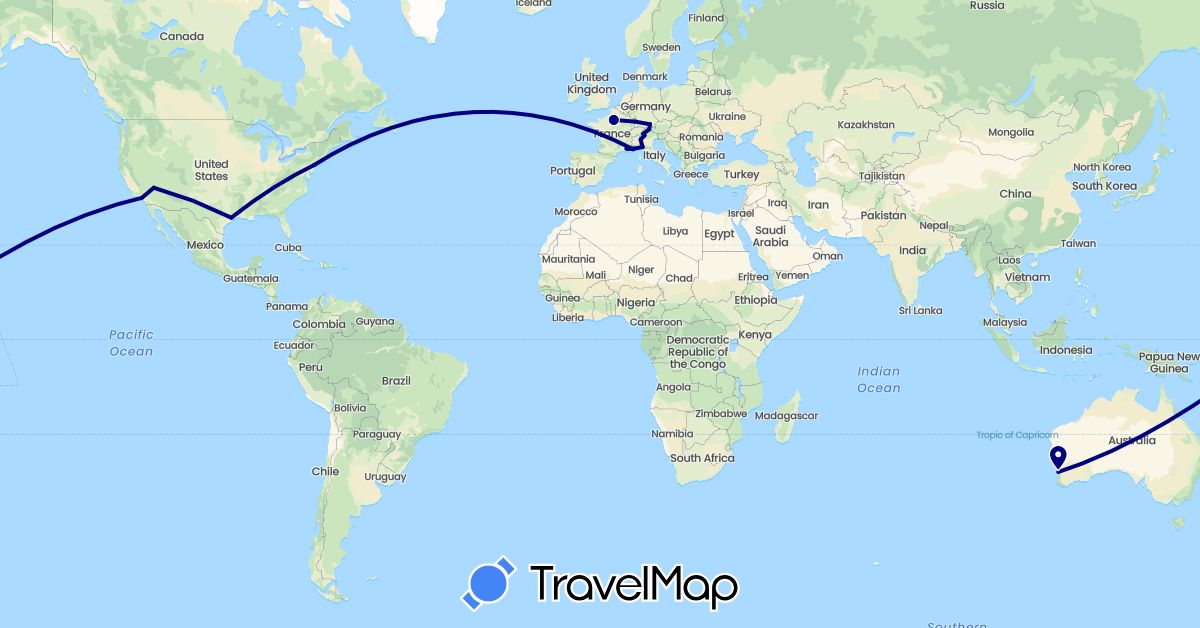 TravelMap itinerary: driving in Austria, Australia, Switzerland, Germany, France, Italy, United States (Europe, North America, Oceania)